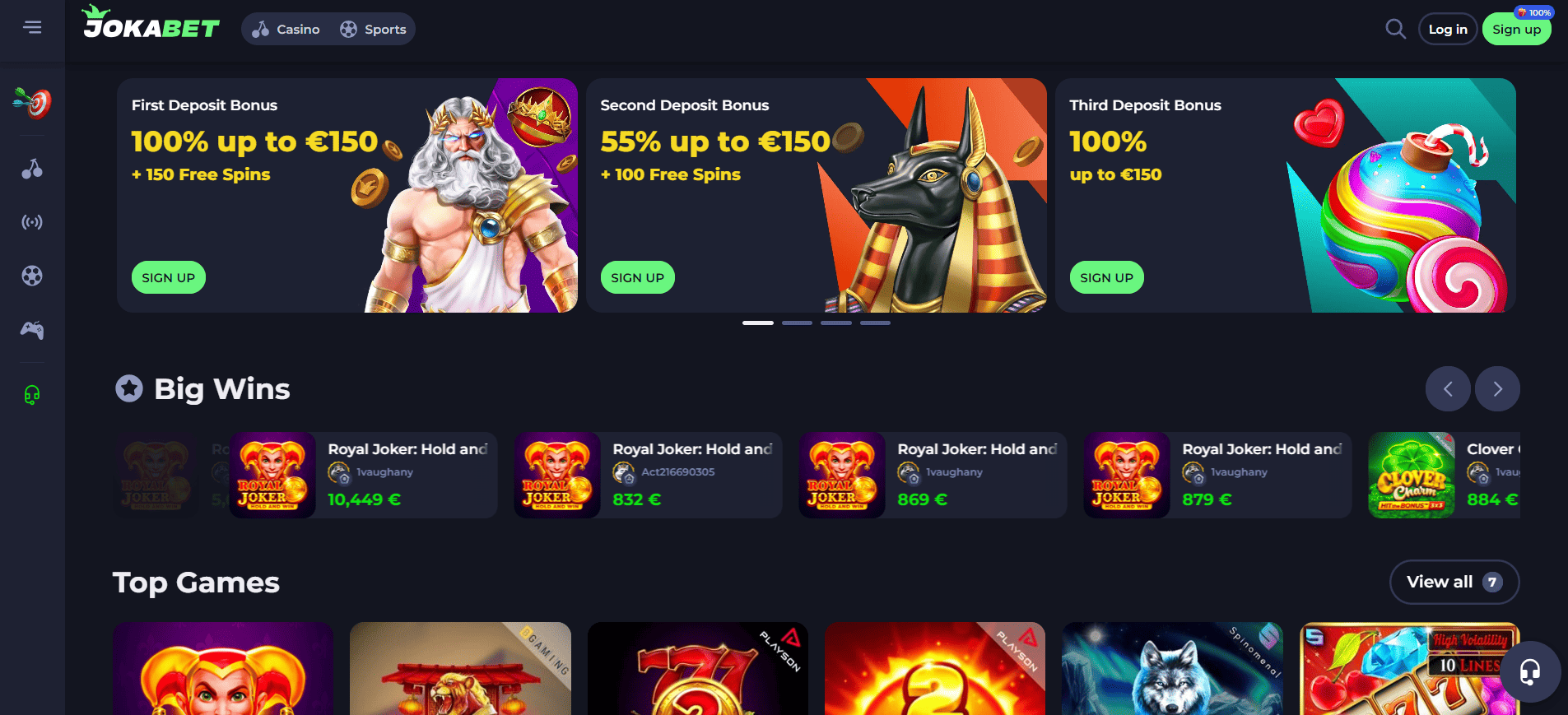 Jokabet Casino promotional dashboard showing bonus offers