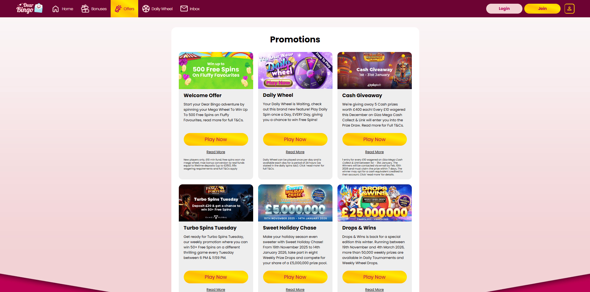 Dear Bingo bonuses