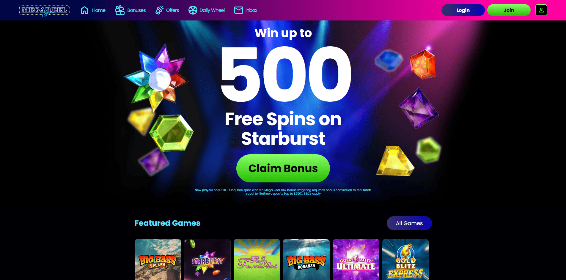 Mega Reel Spins Casino home page
